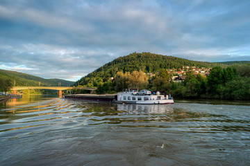 View of the Neckar near Eberbach on the long-distance hiking trail Neckarsteig in Germany
