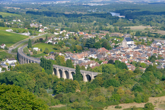 Aerial view of Saint-Satur and its viaduct seen from town Sancerre. Saint-Satur is a commune in the Cher department in central France