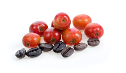 Red and black coffee beans on white background