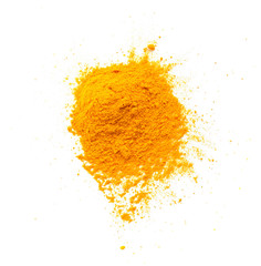 Turmeric (Curcuma) powder pile isolated on white background, top view