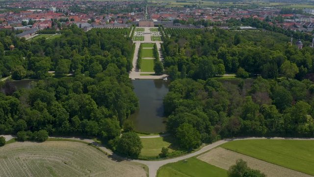 Aerial of palace and city Schwetzingen in Germany close to the Rhein river in springtime. Ascending in  the back part of the palace.