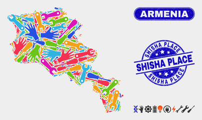 Assemble Armenia map and blue Shisha Place distress stamp. Colored vector Armenia map mosaic of workshop units. Blue round Shisha Place seal.