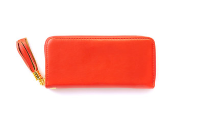 Closeup modern red woman wallet fashion on white background