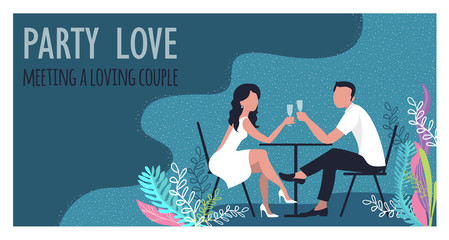 Man and woman drinking wine on the seashore in the tropics.Cartoon design vector illustration.