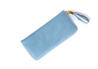 Closeup modern blue woman wallet fashion on white background