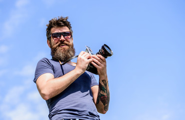 Successful photographer. photo of nature. reporter or journalist. brutal photographer with camera....