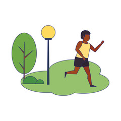 Fitness man running in the park scenery isolated blue lines