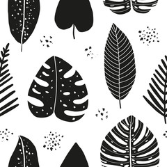 Vector hand drawn abstract seamless pattern with tropical leaves. Summer design, exotic floral graphic print for wrapping, paper cover, textile, fabric, cloth.