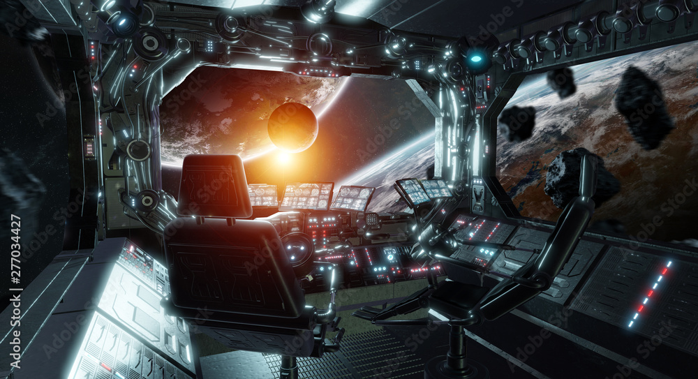 Poster Spaceship grunge interior control room with view on space 3D rendering elements of this image furnished by NASA
