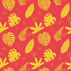 Vector hand drawn abstract seamless pattern with tropical leaves. Summer design, exotic floral graphic print for wrapping, paper cover, textile, fabric, cloth.