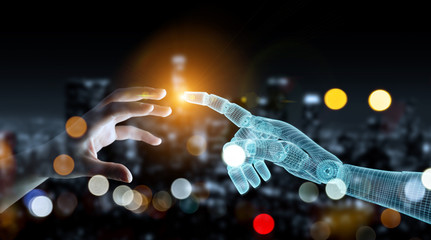 Wireframed Robot hand making contact with human hand on dark 3D rendering
