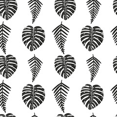 Vector hand drawn abstract seamless pattern with tropical leaves. Summer design, exotic floral graphic print for wrapping, paper cover, textile, fabric, cloth.