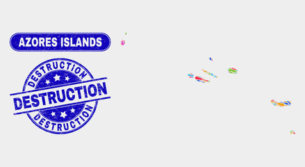 Factory Azores Islands map and blue Destruction grunge stamp. Colorful vector Azores Islands map mosaic of productivity items. Blue round Destruction imprint.