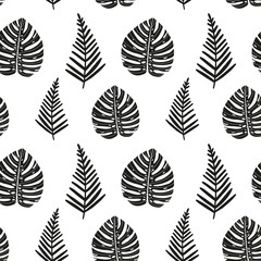 Vector hand drawn abstract seamless pattern with tropical leaves. Summer design, exotic floral graphic print for wrapping, paper cover, textile, fabric, cloth.