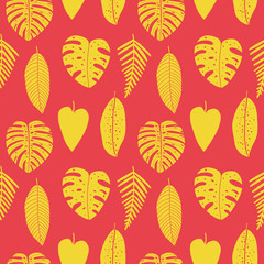 Vector hand drawn abstract seamless pattern with tropical leaves. Summer design, exotic floral graphic print for wrapping, paper cover, textile, fabric, cloth.