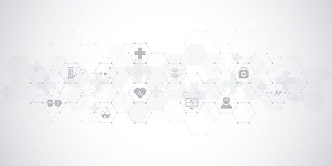 Abstract medical background with flat icons and symbols. Template design with concept and idea for healthcare technology, innovation medicine, health, science and research.