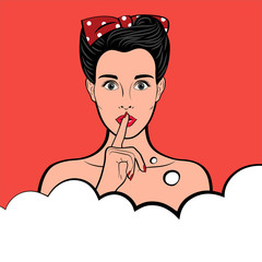 Young sexy surprised retro woman with open mouth holding forefinger at mouth as silence sign, Empty speech bubble. Vector background in pop art style. Invitation poster. 