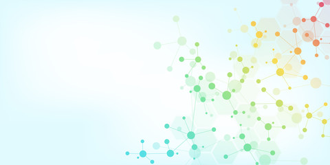 Abstract molecules on soft blue background. Molecular structures or DNA strand, neural network, genetic engineering. Scientific and technological concept.