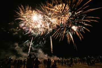 Real Fireworks on Deep Black Background Sky on Futuristic Fireworks festival show before...