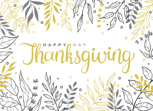 Happy thanksgiving text with hand drawn autumn leaves and branches isolated on white background.