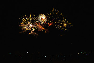 Real Fireworks on Deep Black Background Sky on Futuristic Fireworks festival show before independence day on 4 of July