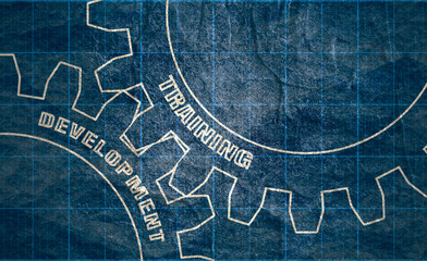Training and Development text on the Mechanism of Gears. Communication Concept in Industrial Design. Modern brochure design template. Retro tileable measure technical draft.