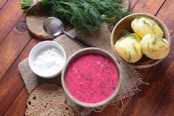 Traditional Belorussian, Latvian, Lithuanian, Polish, Russian and Ukrainian Beetroot cold creamy soup with cucumber, radish, potatoes and egg . Summer soup concept
