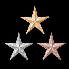 Fototapeta na wymiar Three shining stars for holiday christmas & new year party decoration and reward medal ranging