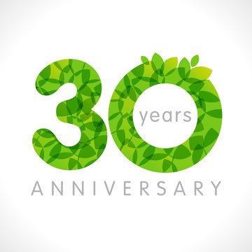 30 th anniversary numbers. 30 years old logotype. Age congrats, congratulation idea with leaves. Isolated abstract graphic design template. Herbal digits, up to 30% percent off discount. Eco label.