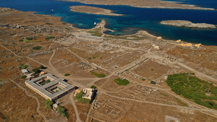 Aerial drone panoramic distant view of famous archaeological site a whole ancient citadel in island...