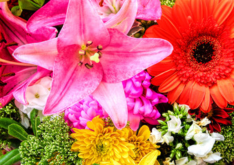 Fototapeta premium Garden flowers lovely romantic bouquet. Lily, phlox, daisy and chrysanthemum natural colorful floral background
