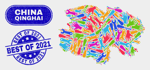 Productivity Qinghai Province map and blue Best of 2021 textured watermark. Bright vector Qinghai Province map mosaic of productivity parts. Blue round Best of 2021 imprint.