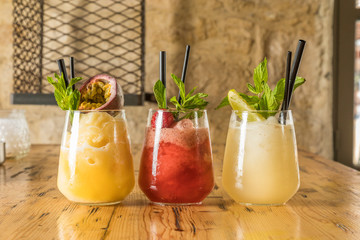 cocktails on wooden table