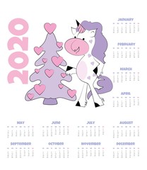 Calendar 2020 with unicorn. Vector illustration. Funny unicorn with hearts.