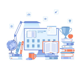 Online Library Reading E-learning Shop. Monitor with electronic open book, archive, ebook list, stack of books, table lamp. Vector illustration on white background. 