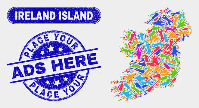Industrial Ireland Island map and blue Place Your Ads Here textured seal stamp. Colored vector Ireland Island map mosaic of mechanics components. Blue rounded Place Your Ads Here seal.