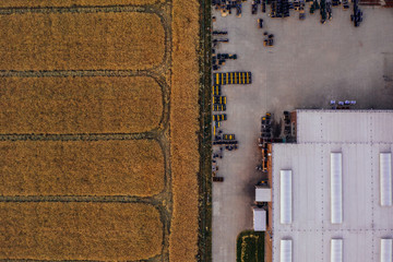 Aerial view of the distribution center, drone photography of the industrial logistic zone. 