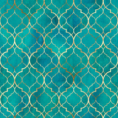Fototapeta Watercolor abstract geometric seamless pattern. Arab tiles. Kaleidoscope effect. Watercolour vintage mosaic texture obraz