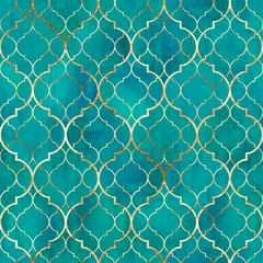 Fotobehang Turquoise Aquarel abstracte geometrische naadloze patroon. Arabische tegels. Caleidoscoop effect. Aquarel vintage mozaïek textuur