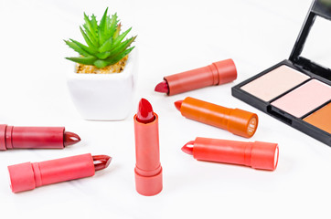 Beautiful blusher and Luxury Modern Red and Orange Lipstick.