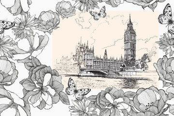 Big Ben and Houses of Parliament, Westminster, London. Seamless pattern with flowers. Vector - 277040468