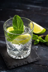 Vodka with water and ice in a glass Cup - alcoholic cocktail with lime and mint
