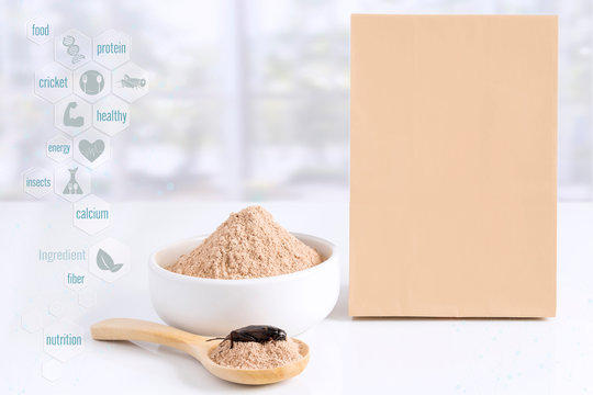 Cricket powder insect for eating as food items made of cooking insects meat with symbol media icons and package paper bag on white background, it is good source of protein edible. Entomophagy concept.