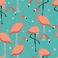 Flamingo with hearts seamless pattern on turquoise background