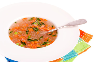 Dietary vegetable soup with carrots, peas and green onions. 