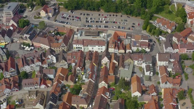 Aerial of the city Bretten in Germany. Pan to the left across downtown.