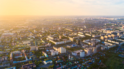 City view from the drone at sunset.