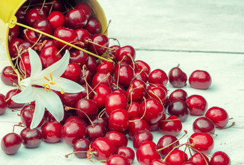 Sweet red fresh cherries in a bucket on a grunge wooden table