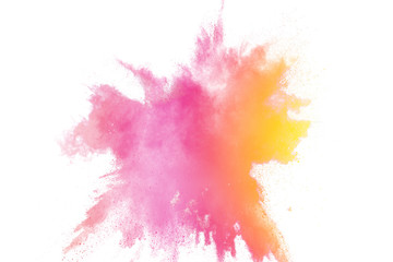 Fototapeta na wymiar Colorful powder explosion on white background. Abstract pastel color dust particles splash.
