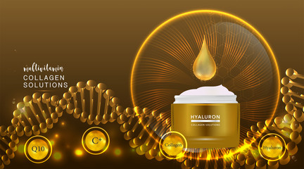 beauty product ad design, gold cosmetic container with multivitamins collagen solution concept advertising background ready to use, luxury skin care banner, illustration vector.